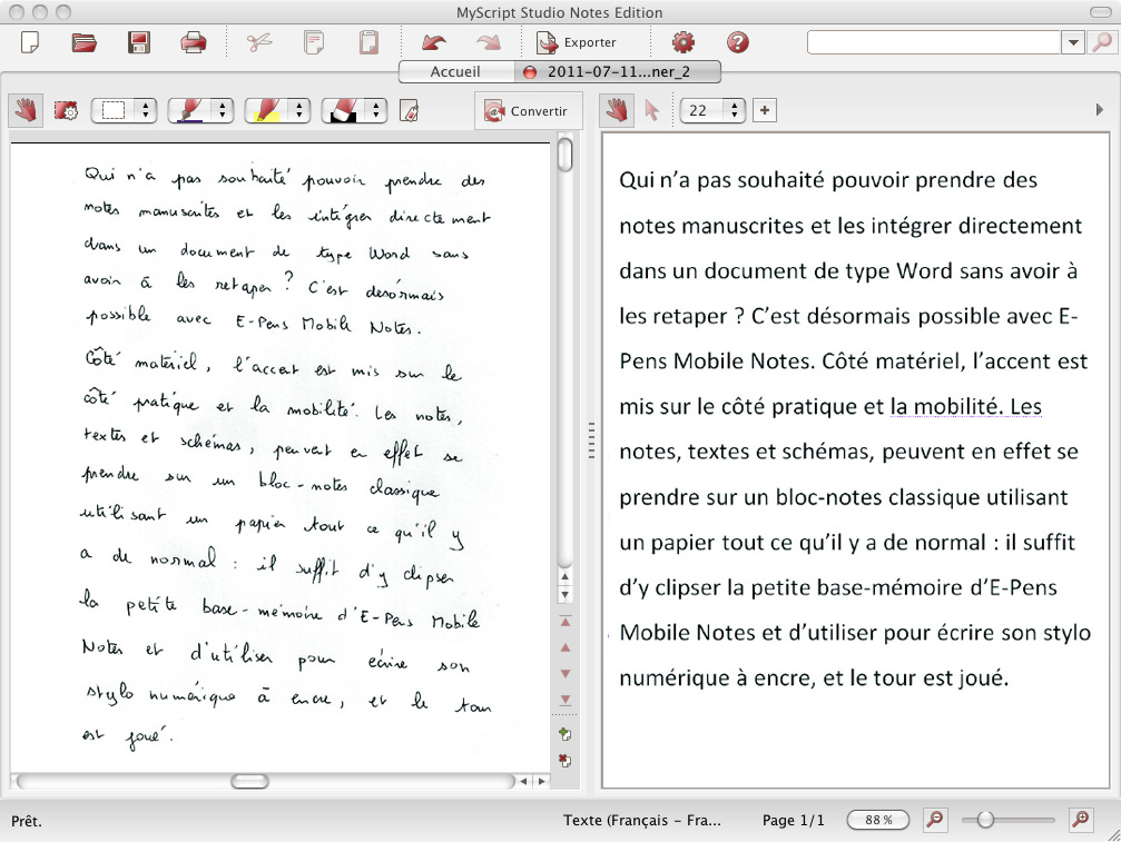 Conversion de notes manuscrites : E-pens Mobile Notes